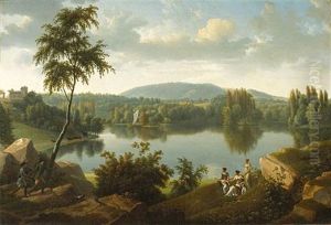 An Extensive Landscape With Figures Greeting Hunters Along The Banks Of A River