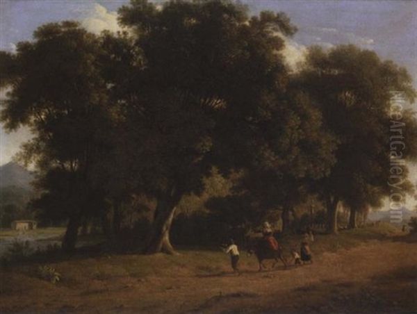 An Italianate Landscape With Figures And Their Donkey On A Road Before A Copse - view 1