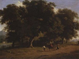 An Italianate Landscape With Figures And Their Donkey On A Road Before A Copse