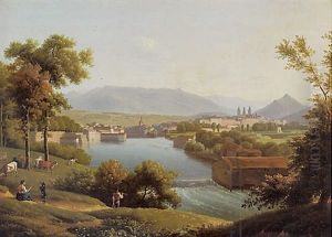 Paysage Fluvial Avec Montagnes En Arriere-plan by Alexandre Hyacinthe Dunouy
