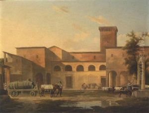 The Courtyard Of A Monastery With A Woman Drawing Water From A Well And A Barrell Loaded On A Wagon