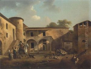 A Courtyard With A Horseman Departing From His Family