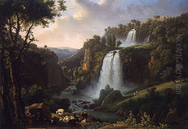 The Cascades At Tivoli With The Temple Of Sibyl And A Shepherdess In The Foreground by Alexandre Hyacinthe Dunouy