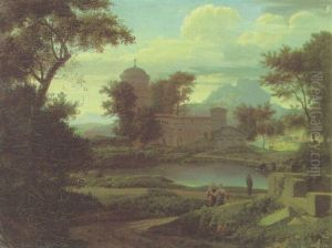 A Classical Landscape With A Basilica, Two Women On A Path By A Lake In The Foreground