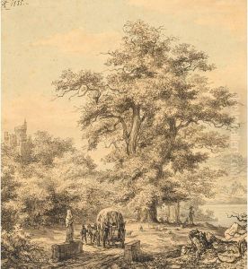 Forest Landscape With Travellers And A Horse Drawn Cart by Carl Johann Arnold