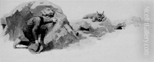 Boy Hiding Behind Rock While Bobcat Basks - view 1