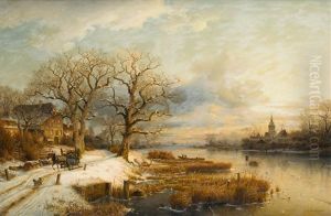 A Winter Landscape With Frozen River by Johannes Bartolomaus Duntze