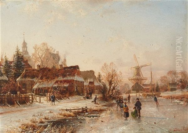 Winterszene Mit Schlittschuhlaufern Auf Einem Zugefrorenen Fluss - view 1