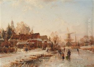 Winterszene Mit Schlittschuhlaufern Auf Einem Zugefrorenen Fluss by Johannes Bartolomaus Duntze