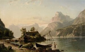 Norwegischer Fjord Mit Angler by Johannes Bartolomaus Duntze
