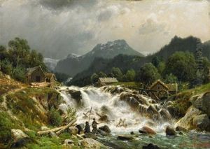 Muhlen An Einem Wasserfall Im Gebirge by Johannes Bartolomaus Duntze
