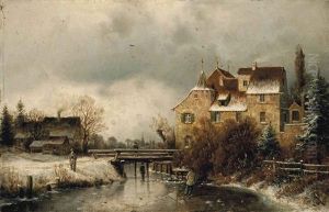 Figures Ice Skating On A Frozen River, With Houses And A Bridge Beyond by Johannes Bartolomaus Duntze