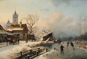 Winter Day Near The Village Church With Ice-skaters On A Frozen River by Johannes Bartolomaus Duntze