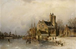 Winterlandschaft Mit Burg An Einem Zugefrorenem Kanal by Johannes Bartolomaus Duntze