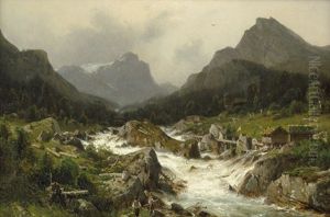 Norwegische Gebirgslandschaft Mit Wasserfall, Im Vordergrund Zwei Angler by Johannes Bartolomaus Duntze