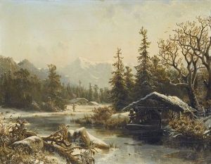 Winterlandschaft Mit Bach Und Alpensicht by Johannes Bartolomaus Duntze