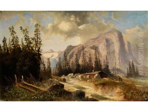Gebirgslandschaft Mit Abendlich Beleuchtetem Felsgipfel Und Gebirgsbach by Johannes Bartolomaus Duntze