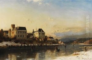 Flusslandschaft Mit Winterfreuden Am Schlos Flusslandschaft Mit Winterfreuden Am Schlos