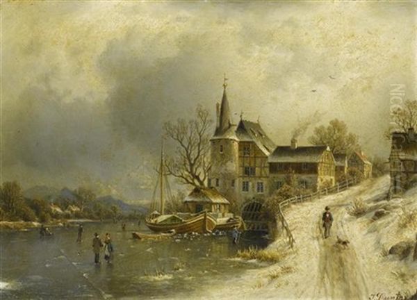 Winterliche Landschaft Mit Schlittschuhlaufern Auf Gefrorenem See - view 1