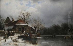 Winter Scene With Figures On A Frozen Lake