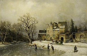 Winterlandschaft Mit Schlittschuhlaufern Und Einem Herrschaftlichen Anwesen Winterlandschaft Mit Schlittschuhlaufern Und Einem Herrschaftlichen Anwesen