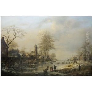 Figures On A Winter Landscape by Johannes Bartolomaus Duntze