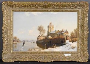 Winterlandschaft Mit Gefrorenem See Und Schlittschuhlaufer