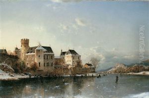 Winterlandschaft Mit Einer Burg An Zugefrorenem Gewasser
