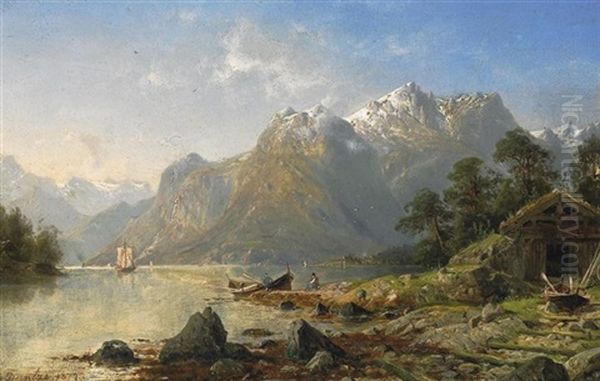 Der Fjord Von Romsdalen In Norwegen. Vorn Am Ufer Fischer Vor Ihrer Kate - view 1
