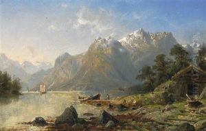 Der Fjord Von Romsdalen In Norwegen. Vorn Am Ufer Fischer Vor Ihrer Kate Der Fjord Von Romsdalen In Norwegen. Vorn Am Ufer Fischer Vor Ihrer Kate