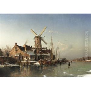 A Winter Landscape With A Mill On A Frozen River by Johannes Bartolomaus Duntze