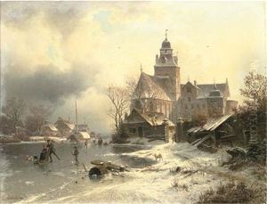 Skaters In A Frozen Winter Landscape by Johannes Bartolomaus Duntze