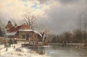 Figures At A Cottage On A Frozen Waterway by Johannes Bartolomaus Duntze