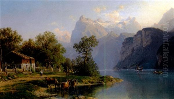 Blick Auf Den Vierwaldstatter See An Einem Prachtvollen Sommertag Mit Gehoft Und Vieh Am Ufer - view 1
