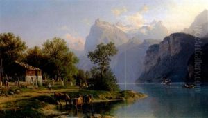 Blick Auf Den Vierwaldstatter See An Einem Prachtvollen Sommertag Mit Gehoft Und Vieh Am Ufer by Johannes Bartolomaus Duntze