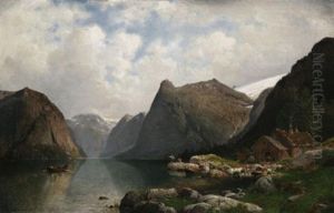 Partie Vom Tolsterwasser Am Sondfjord. Am Ufer Fischende Angler Vor Einer Holzhutte
