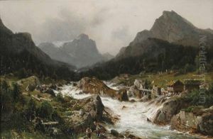 Norwegische Landschaft Mit Wasserfall, Im Vordergrund Zwei Angler by Johannes Bartolomaus Duntze