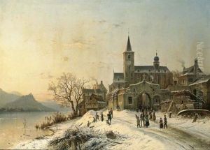 A Winter Landscape Near Lorch Am Rhein With A View Of The Schonburg Ruin