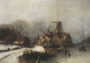 Verschneites Hollandisches Dorf Am Fluss by Johannes Bartolomaus Duntze