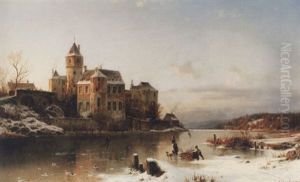 Skaters On A Frozen Lake, Beside A Castle