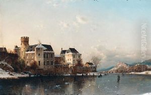 Skaters On Frozen Lake Near A Castle by Johannes Bartolomaus Duntze