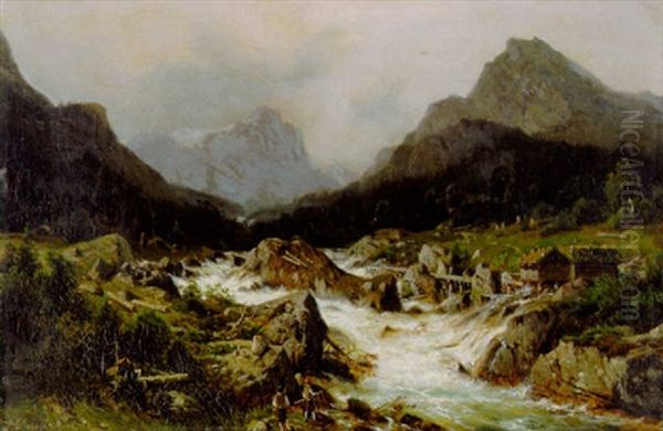 Hochgebirgslandschaft Mit Wildwasser Und Angelnden Kindern - view 1