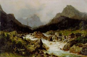 Hochgebirgslandschaft Mit Wildwasser Und Angelnden Kindern