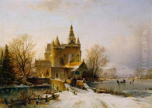 Winterlandschaft Mit Schloss Am See Bei Sonnenuntergang - view 1