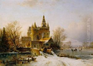 Winterlandschaft Mit Schloss Am See Bei Sonnenuntergang by Johannes Bartolomaus Duntze