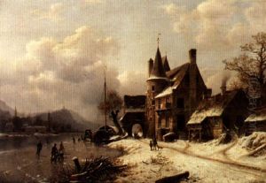 A Village In Winter By A Frozen Stream
