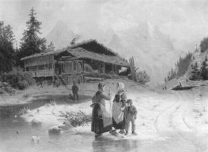 Figures In A Frozen Alpine Landscape With Cottage by Johannes Bartolomaus Duntze