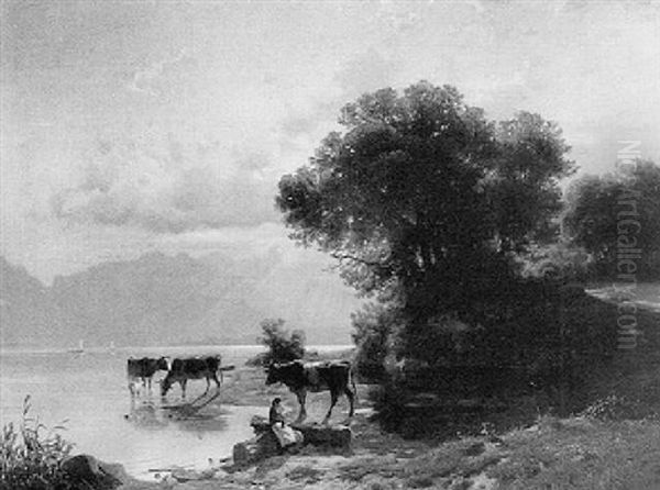A Peasant Girl And Cows Near A Lake - view 1