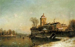 Figures On A Frozen River Before A Town