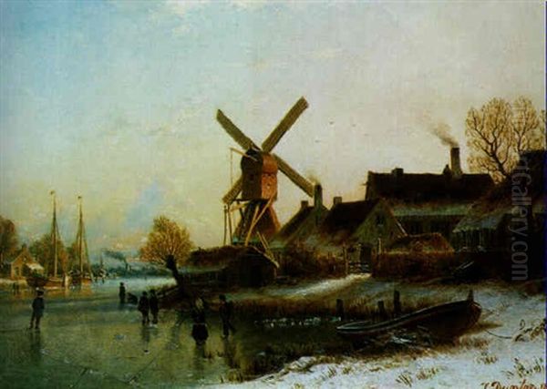 Dorf Im Winter Mit Eislaufern - view 1